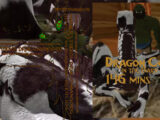 Image of an orc milking a dragon cow on his farm, with the dragon cow's head turned towards the orc. The orc is holding a milk pail and milking the cow's udders. The image depicts a unique animal-human relationship and fantasy element in farming.
